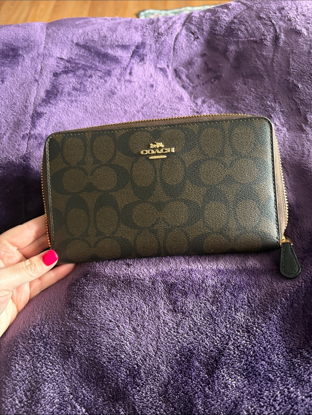 Coach Signature Zip Around Wallet in Brown with Gold Logo